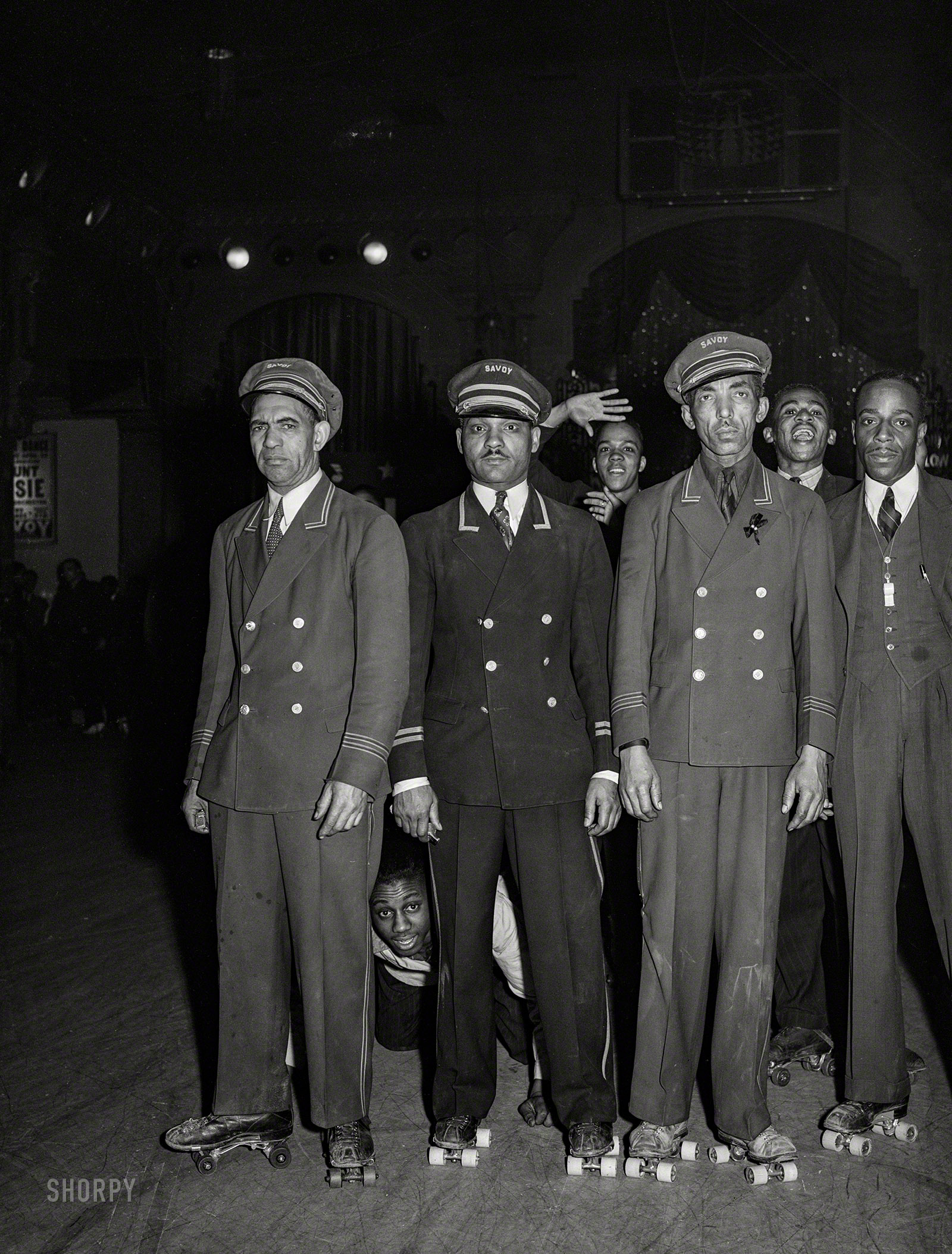 April 1941. "Instructors in roller skating at the Savoy Ballroom in Chicago." Medium format acetate negative by Russell Lee. View full size.