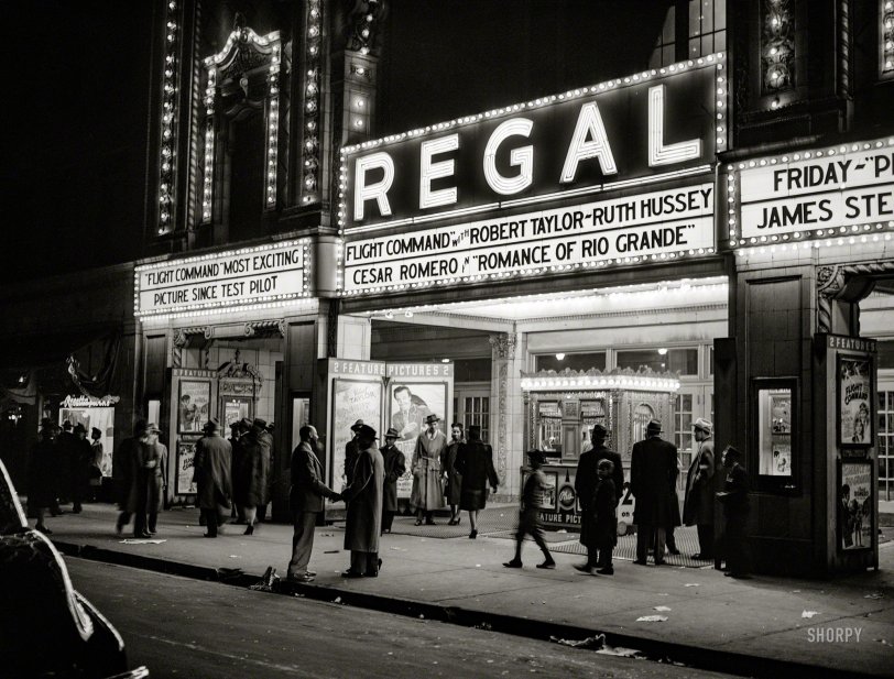 April 1941. "Movie theater. Southside, Chicago, Illinois." Medium format negative by Russell Lee for the Farm Security Administration. View full size.

