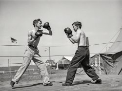 June 1941. "Boxing. Transient workers living at the FSA migratory farm labor camp. Athena, Oregon (mobile unit)." The scrappers last seen here. Acetate negative by Russell Lee for the Farm Security Administration. View full size.