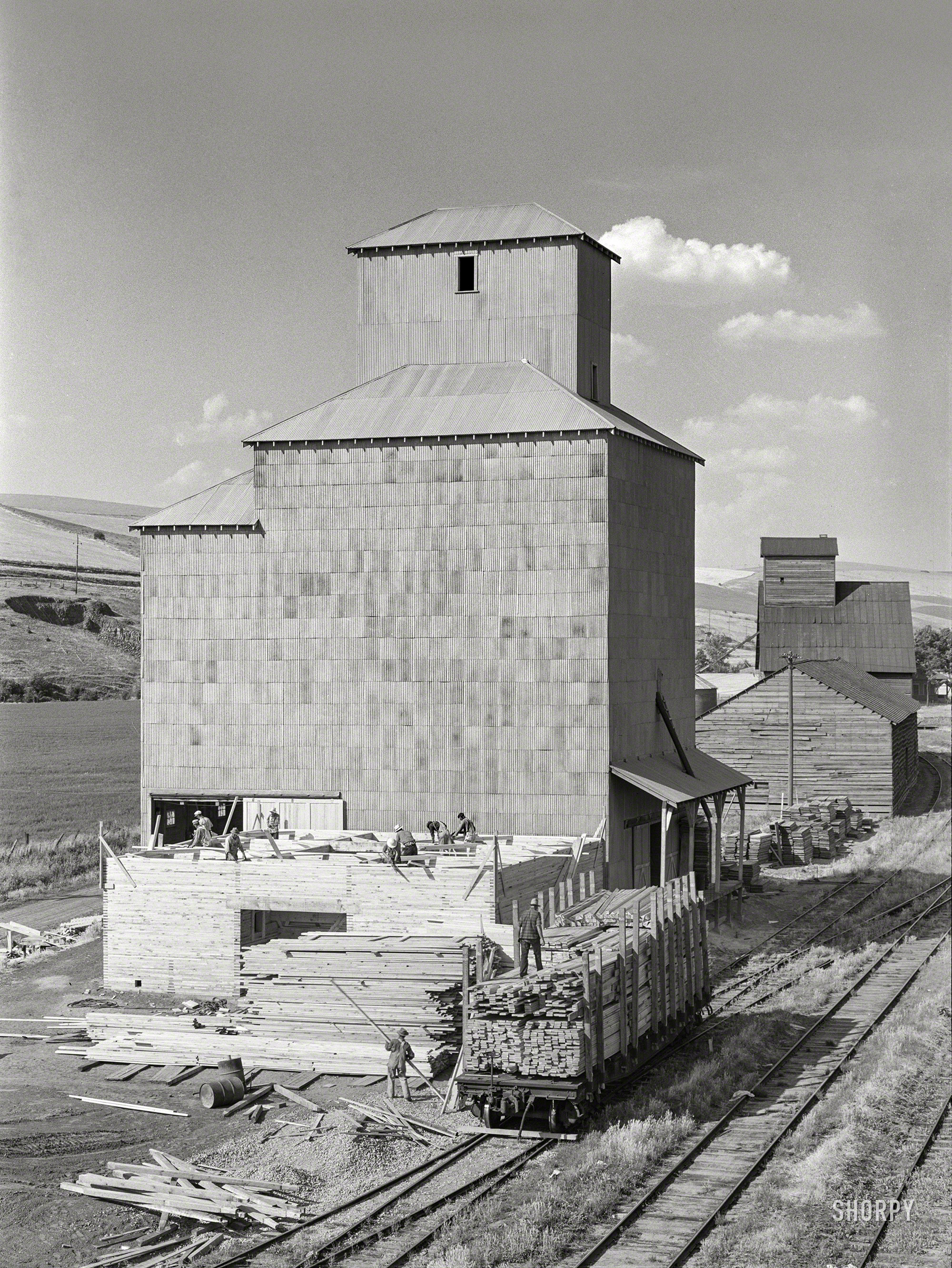 July 1941. "Adding new storage space to wheat elevator at Dayton, Washington. High yields of wheat this year were taxing storage facilities; they were getting ready for a bumper crop." Acetate negative by Russell Lee. View full size.