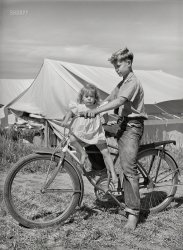 July 1941. "Children outside tent home at the FSA migratory farm labor camp mobile unit. Athena, Oregon." Photo by Russell Lee for the Farm Security Administration. View full size.