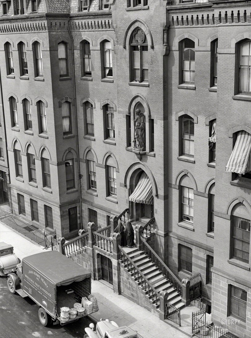 New York, 1938. "Convent on East 63rd Street." The Dominican Convent of Our Lady of the Rosary. Medium format negative by Sheldon Dick. View full size.
