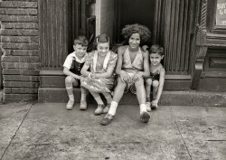 1938. "New York, New York. Children on First Avenue." Medium format negative by Sheldon Dick for the Farm Security Administration. View full size.