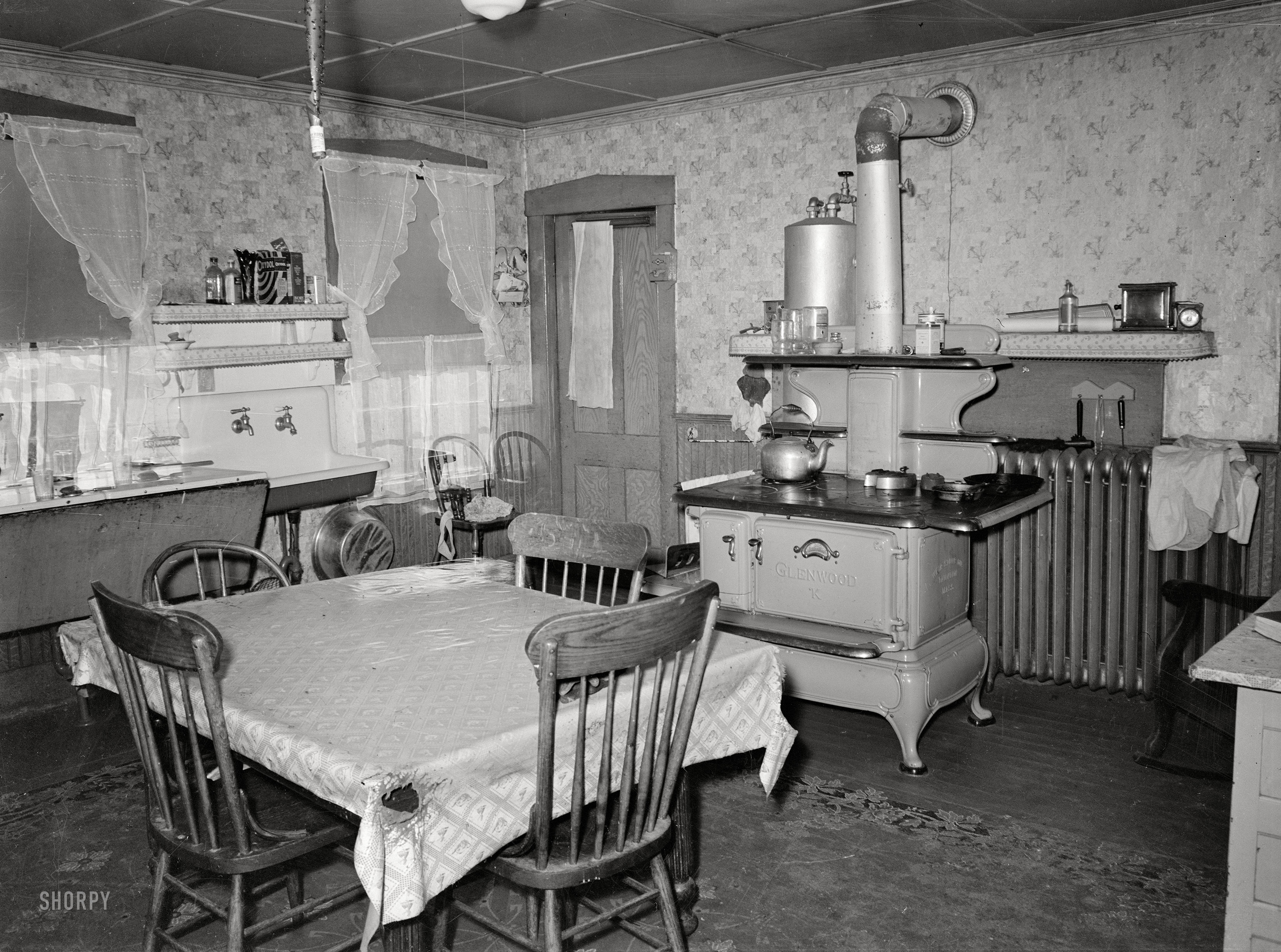 1938. "Tolland County, Connecticut. The kitchen on the Schneider farm." Acetate negative by Sheldon Dick for the Farm Security Administration. View full size.
