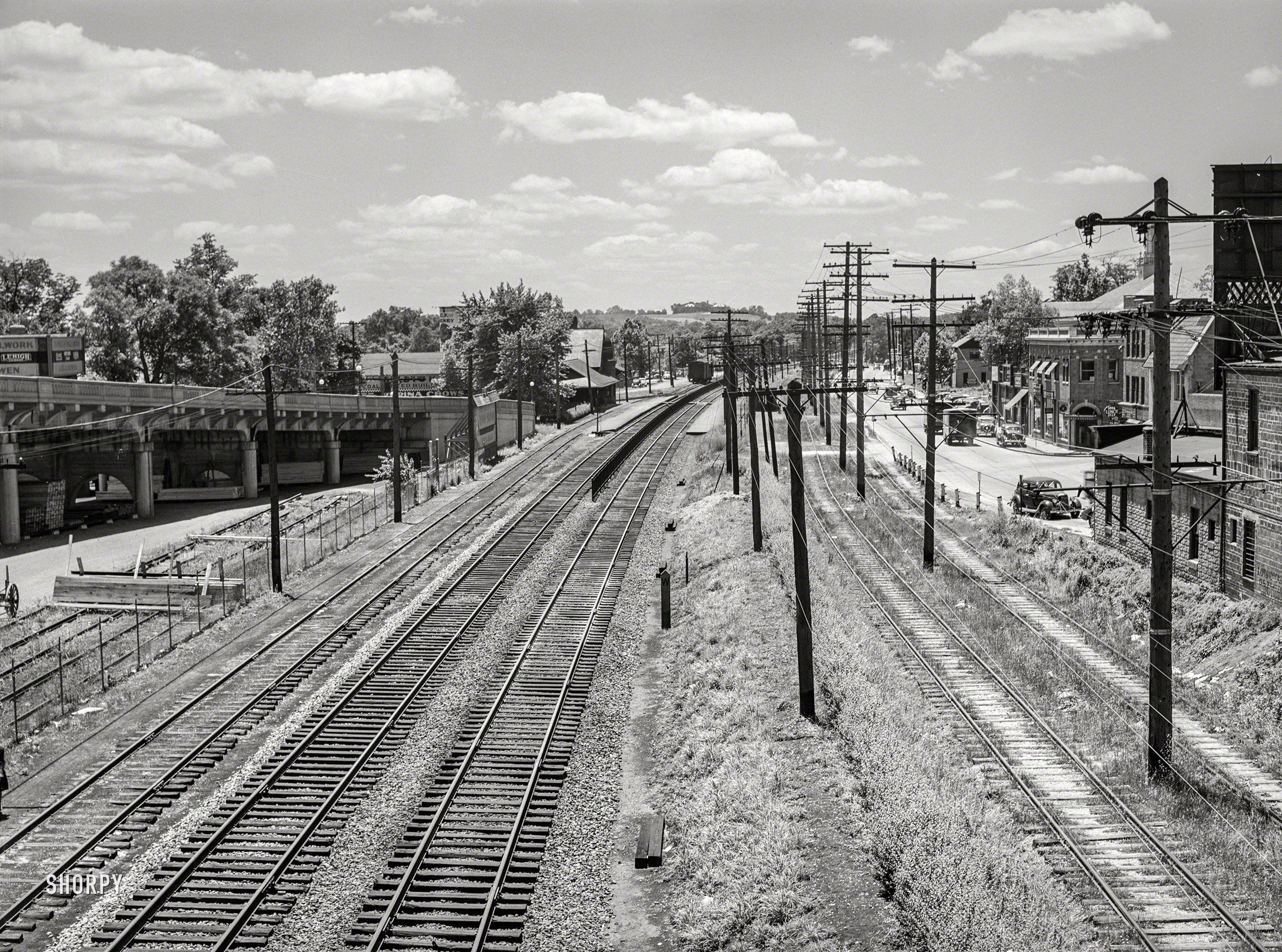 June 1940. "Railroad tracks along U.S. Route 1 at Hyattsville, Maryland." Acetate negative by Jack Delano for the Farm Security Administration. View full size.