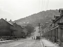 August 1940. Carbon County, Pennsylvania. "Street in Upper Mauch Chunk, a small historic coal mining town in the Lehigh Valley." Medium format negative by Jack Delano for the Farm Security Administration. View full size.