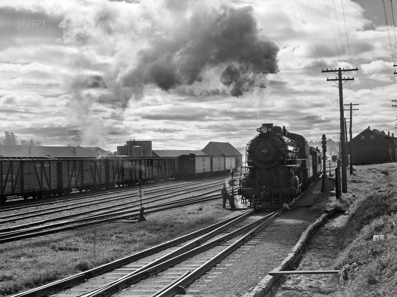 October 1940. "At the railroad terminal in Caribou, Maine." Medium format acetate negative by Jack Delano for the Farm Security Administration. View full size.