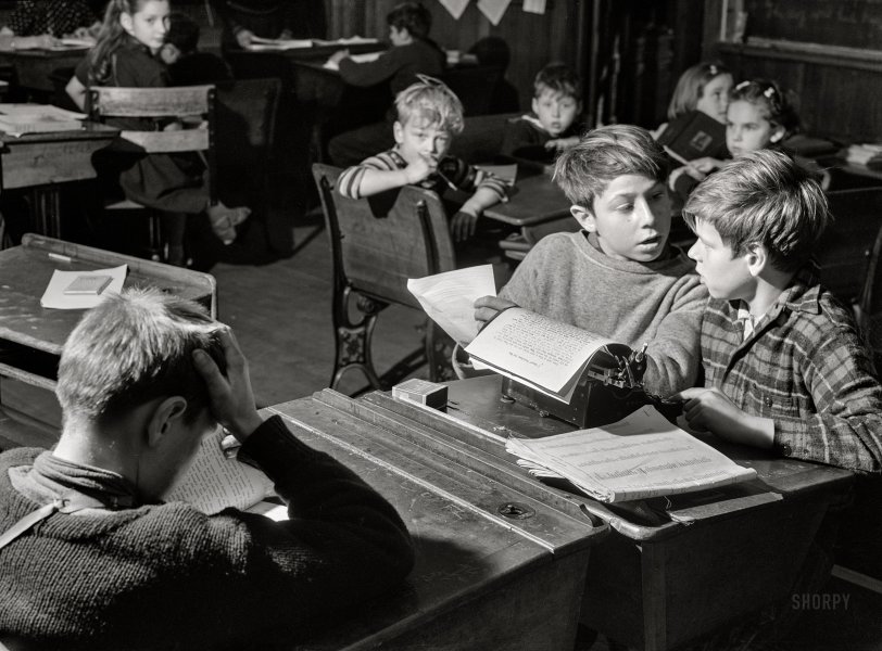 November 1940. "Boys in the schoolhouse in Ledyard, Connecticut, working on the school newspaper." Title of their typescript: "A Happy Christmas for Tom." Medium format acetate negative by Jack Delano for the Farm Security Administration. View full size.

