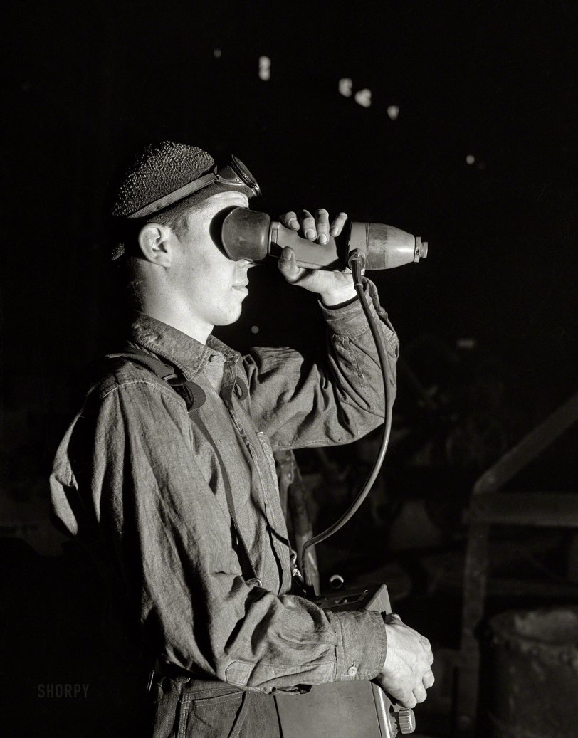 November 1940. Ansonia, Connecticut. "Taking a temperature reading in the foundry at the Farrell-Birmingham Corporation."  Medium format acetate negative by Jack Delano for the Farm Security Administration. View full size.
