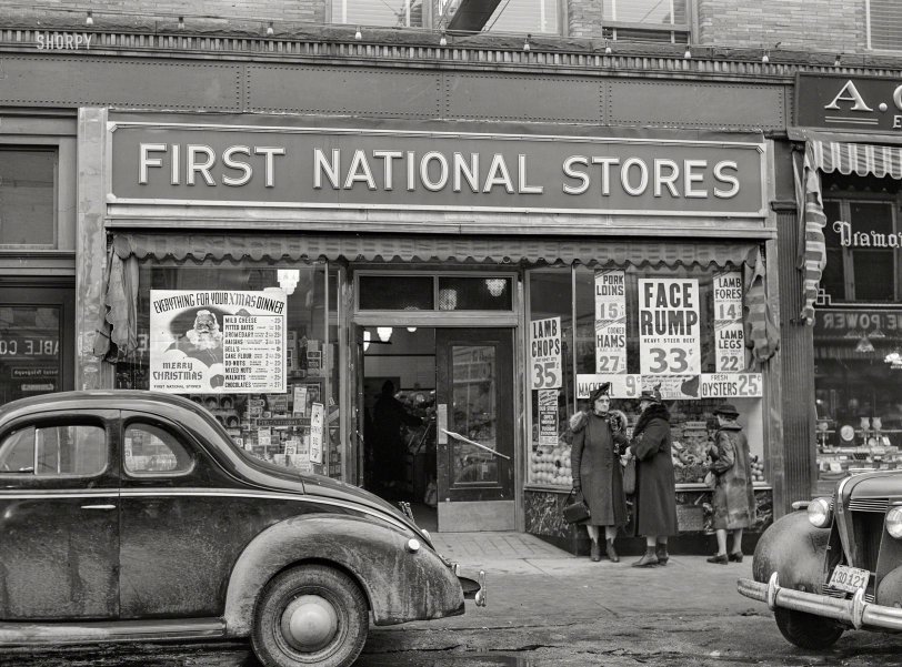 December 1940. "Grocery store window in Bath, Maine. Food prices do not seem to have gone up as yet but are expected to." Medium format acetate negative by Jack Delano for the Farm Security Administration. View full size.