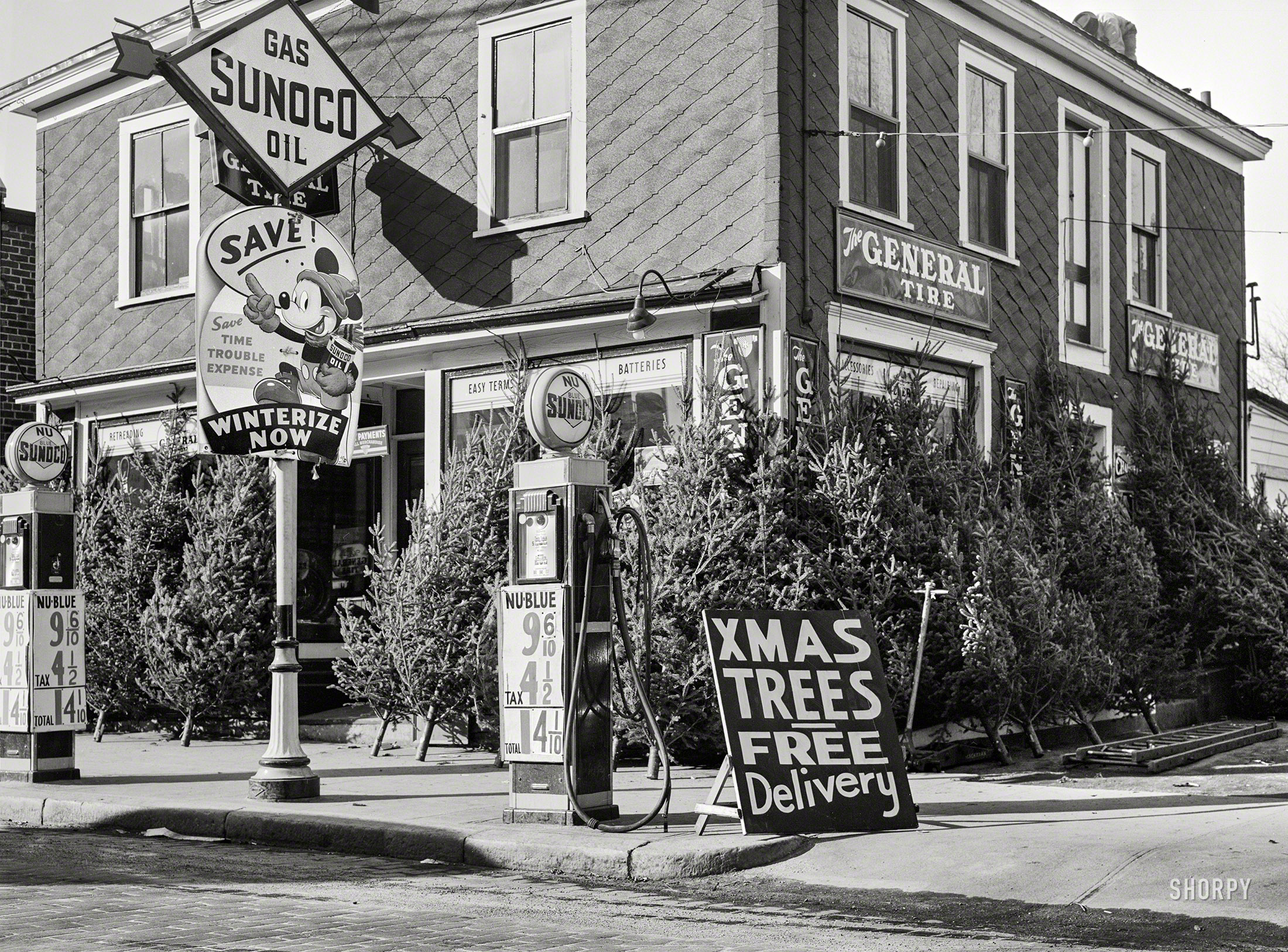 December 1940. "Christmas trees for sale at a gas station. Woonsocket, Rhode Island." Medium format negative by Jack Delano. View full size.