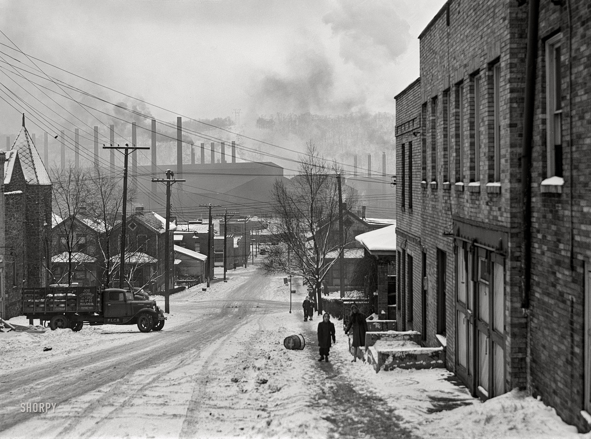 January 1941. "Street in the mill town of Midland, Pennsylvania." Medium format acetate negative by Jack Delano for the Farm Security Administration. View full size.