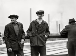 January 1941. "Steelworkers of the Jones and Laughlin Steel Corporation in Aliquippa, Pennsylvania, waiting for a bus to go home at the end of the afternoon shift." Medium format acetate negative by Jack Delano. View full size.