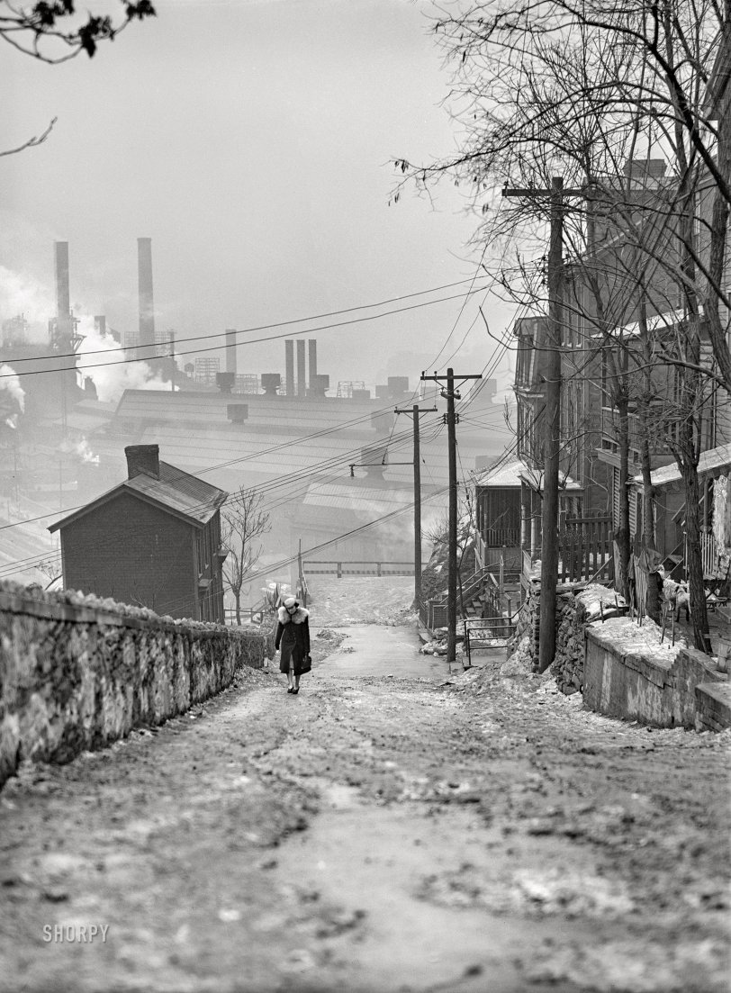 January 1941. "Street in the mill district in Pittsburgh, Pennsylvania." Medium format acetate negative by Jack Delano for the Farm Security Administration. View full size.
