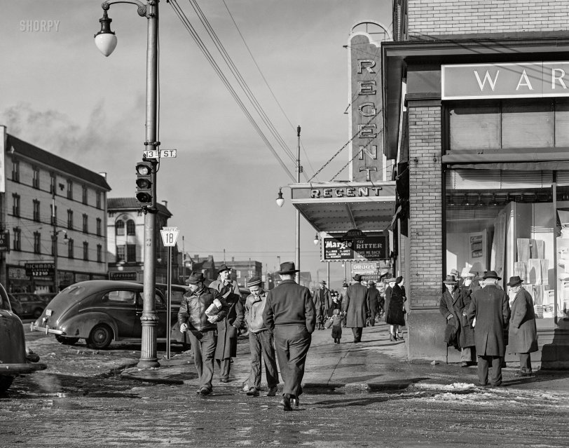 January 1941. "Main street in Beaver Falls, Pennsylvania, on a Saturday afternoon." Medium format acetate negative by Jack Delano for the Farm Security Administration. View full size.
