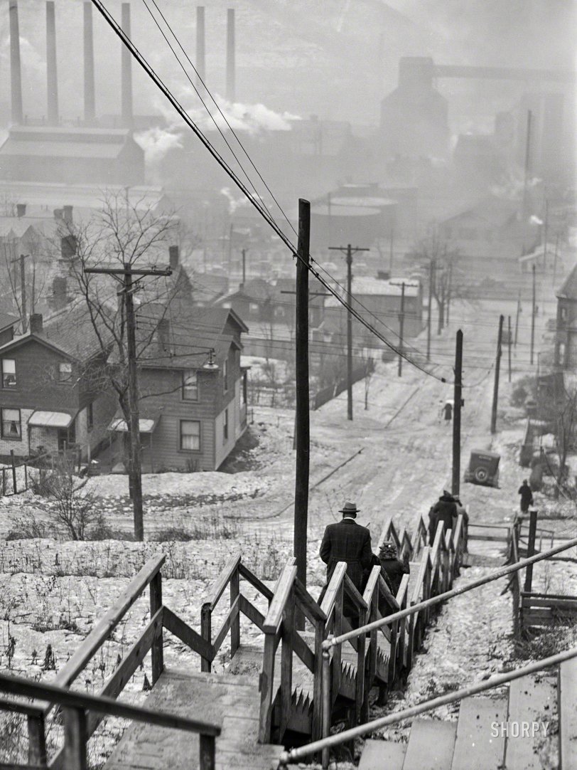 January 1941. "Mill district of Pittsburgh, Pennsylvania. Long stairway in a working class section." Acetate negative by Jack Delano. View full size.
