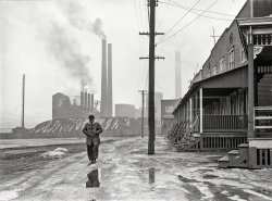 January 1941. "Scene in west Aliquippa, Pennsylvania. Stacks of the Jones and Laughlin Steel Corporation in background." Medium format negative by Jack Delano for the Farm Security Administration. View full size.