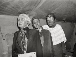 March 1941. "Effigies of George Washington, Joe Louis and some criminal in a traveling sideshow 'crime museum.' Washington and Joe Louis are examples of 'what you may become if you go straight.' Near Fort Bragg, North Carolina." Medium format acetate negative by Jack Delano. View full size.