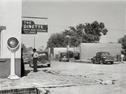 May 1941. "Main street of Childersburg, Alabama." And a close-up of the restaurant glimpsed earlier from above. Medium format acetate negative by Jack Delano for the Farm Security Administration. View full size.