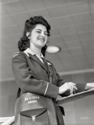 July 1941. "A Western Union girl. Washington, D.C., municipal airport." Acetate negative by Jack Delano for the Farm Security Administration. View full size.