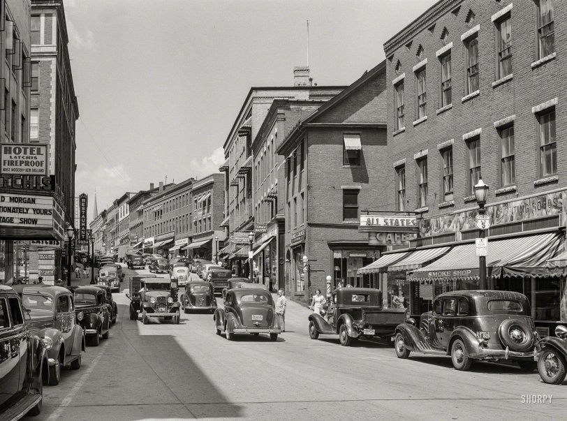 July 1941. "The main street in Brattleboro, Vermont." Medium format negative by Jack Delano for the Farm Security Administration. View full size.
