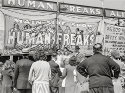 September 1941. "Outside a freak show at the State Fair in Rutland, Vermont." Medium format acetate negative by Jack Delano. View full size.