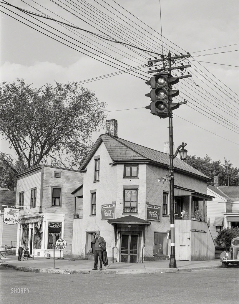 August 1941. "A street corner in Burlington, Vermont." Medium format negative by Jack Delano for the Farm Security Administration. View full size.
