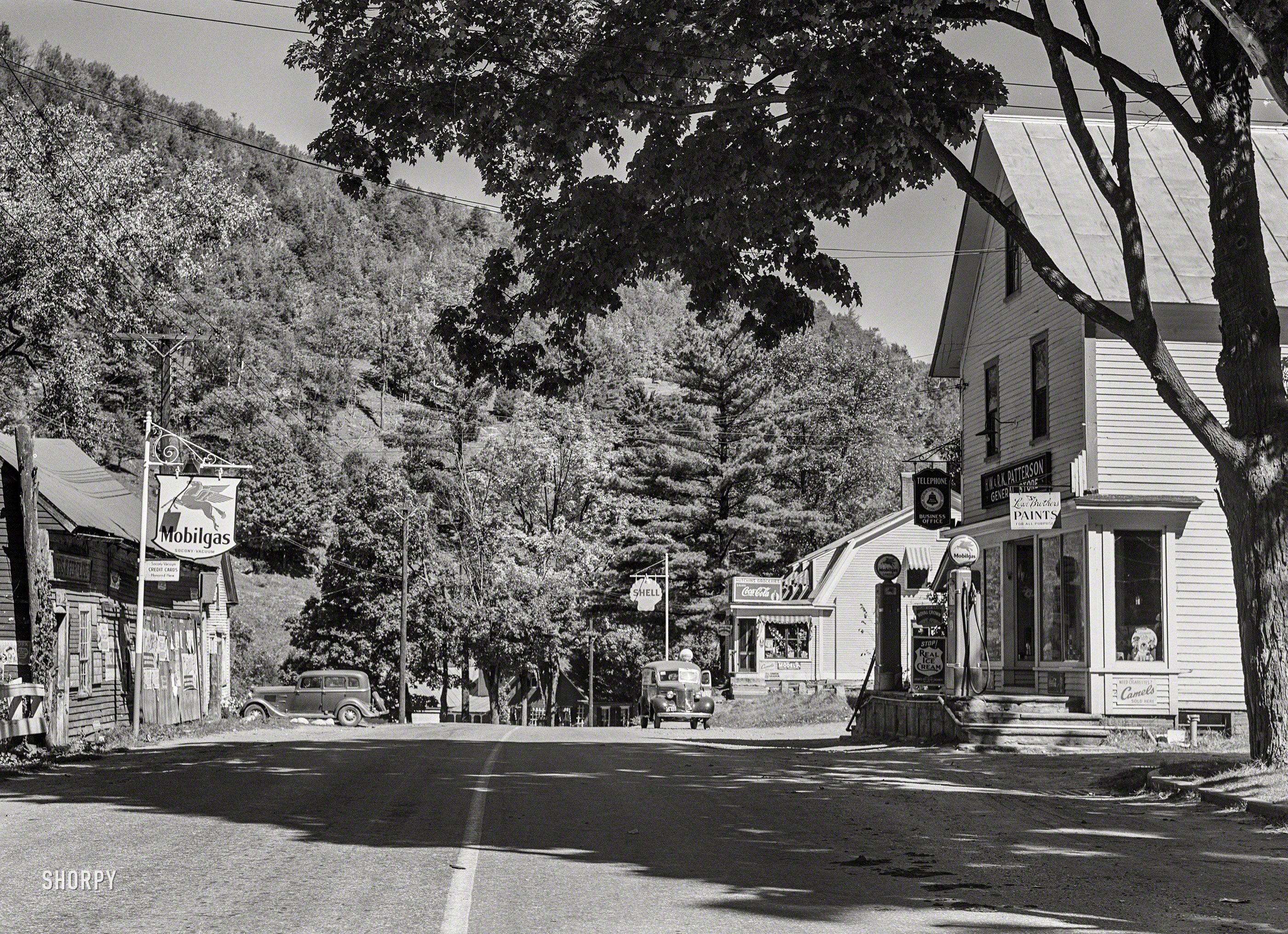 September 1941. "Tunbridge, Vermont -- the main street." Medium format negative by Jack Delano for the Farm Security Administration. View full size.