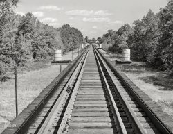 November 1941. "Greene County, Georgia. Railroad tracks across the Oconee River." Medium format negative by Jack Delano. View full size.