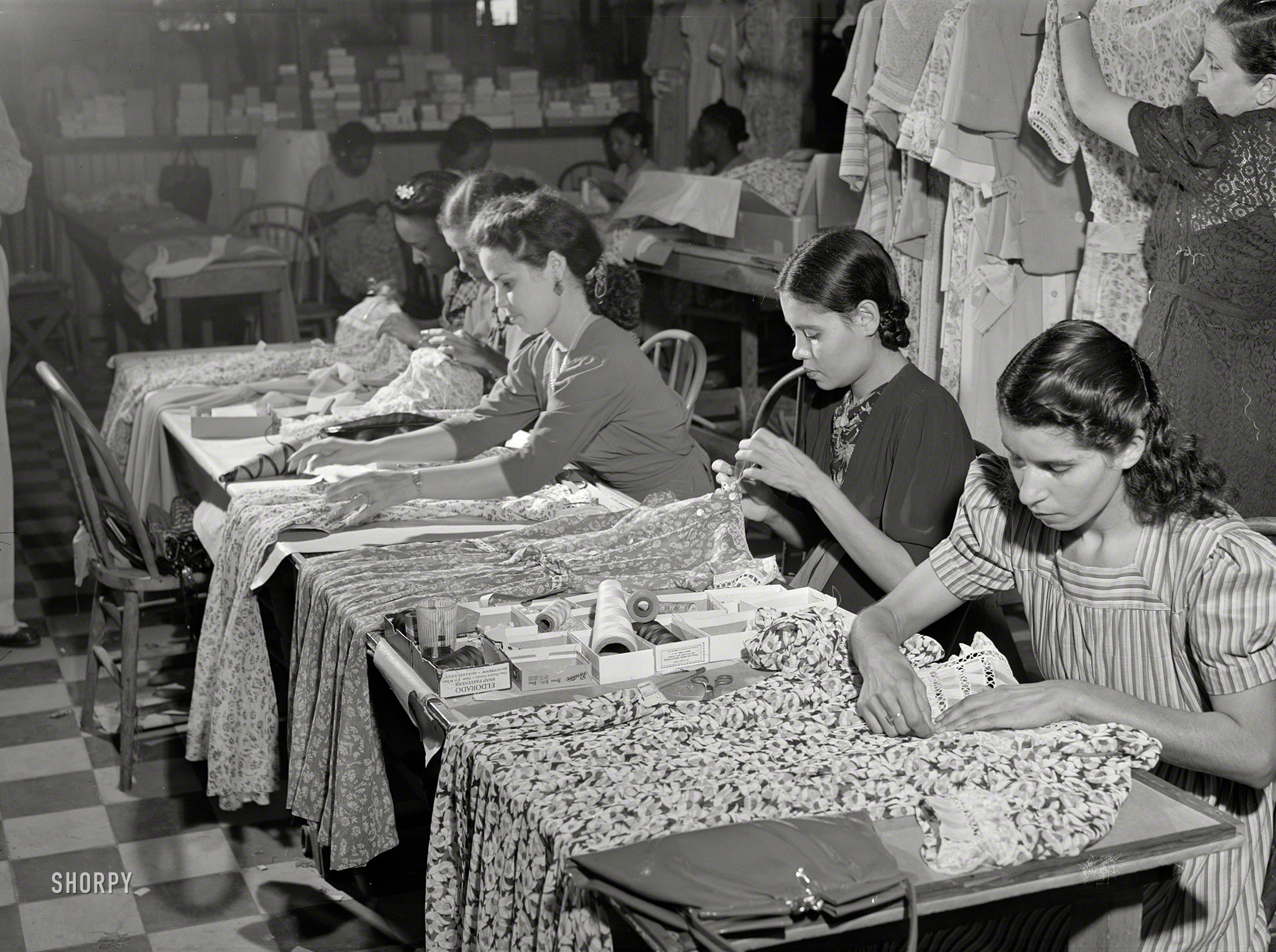 December 1941. San Juan, Puerto Rico. "Women in the needlework factory." Medium format acetate negative by Jack Delano. View full size.