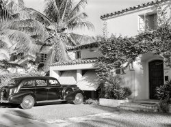April 1939. "Miami Beach, Florida. Home in a wealthy residential section." Medium format acetate negative by Marion Post Wolcott for the Farm Security Administration. View full size.
I assumethat the owner of such a nice home was not the chauffeur, but the "chauffee".
Garage-Door MysteryIn my experience, garage doors are usually left open or closed. So, why would these doors be left half-open?
[Ventilation and/or saggy springs. - Dave]
Doesn&#039;t look so small todayBut the car is huge!
4737 North Bay RoadWe’re still on the same street as yesterday with the Villa Carlesia at 5030.  They’ve tamed the vegetation and replaced the casement windows and closed the garage doors, but it’s still there.
Weighing in at over 2 tons ... at nearly 18 feet in length.  Ladies and gentlemen, we present to you . . . the 1938 Buick Roadmaster Sedan!
[You're getting warm. But this car is bigger than that. Class? - Dave]
Ringing inIt looks like a 1938 Packard Twelve. If so, it was rare - there were fewer than 600 made that year.
[Not a Packard. - Dave]
Hey, Teacher!The numbers you're looking for on that Buick Roadmaster limo (evidenced by the division window and apparently black dash) are 219.5"  (about 18.29 feet) length and 4568 pounds curb weight.  Base price (not including fender-mounted spare tires and covers) was $4653 at a time when a new Ford sedan could be had for about $700.  NOW can I use the restroom?
[Sit down. Not a Buick Roadmaster, which was 213 inches long. - Dave]
Wild Guess38 Cadillac Series 65.
[Not a Cadillac. - Dave]
Limited Edition1938 Buick Limited Series 90.
[Correct! - Dave]
1938 Buick Limited LimousineOne of only 674 Series 90 Limited Limousines built in 1938. Taillights, rear bumper, rear wing-windows, headlights and front markers help identify it.
Buick, not PackardIt's definitely a 1938 Buick Limited limousine or 7 passenger tourer.  Note the headlight and parking light.
Definitely a GM productThe wheel covers put it in the Buick family.  My guess is a 1938 Buick Century.  The fender mounted spares always give it a richer look.  I will leave it up to others as to whether or not it's a limo.
[The photo shows a retractable division glass partway up between the front and back seats, which tells us that's it's either the eight-passenger Model 90-L Limited Series 90 Limousine or the six-passenger Model 81-F Roadmaster Series 80 Formal Sedan. The squared-off windows and back-seat vent wing identify it as the longer Series 90 Limited. - Dave]

Limited1938 Buick Series 90 Limited. Produced between 1936 and 1942. 141 hp straight 8.
Illinois license platesBlack Buick limo, Illinois (Chicago) plates.... probably someone you didn't want to mess with. 
Garage SizeI wonder if that garage is deep enough to allow the Buick to go in far enough for the garage door to close. 
As  kid I lived in a 1941 vintage house and a previous owner had moved the back wall to increase the depth of the garage.
(The Gallery, Cars, Trucks, Buses, Florida, M.P. Wolcott, Miami)