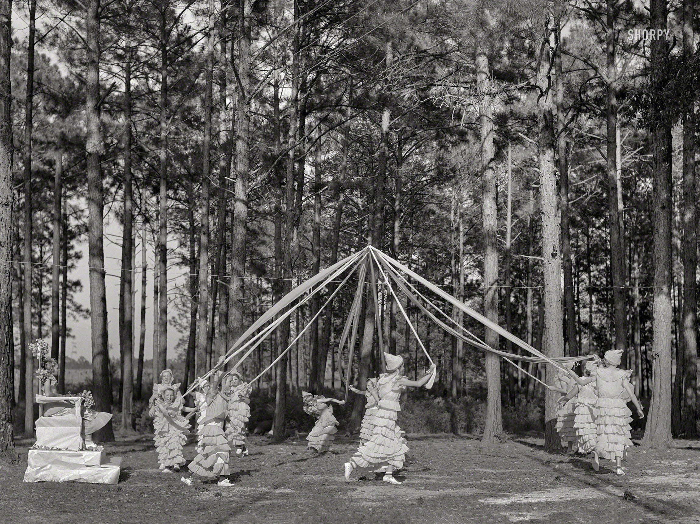 May 1939. "May Queen and maypole dance at May Day-Health Day festivities at Irwinville Farms, Georgia." Medium format negative by Marion Post Wolcott. View full size.