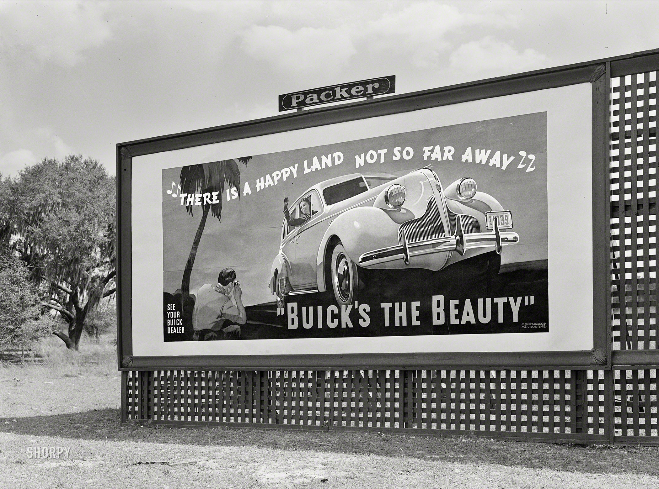 May 1939. "Signboard along highway in Alabama." Medium format negative by Marion Post Wolcott; Buick ad by Montgomery Melbourne. View full size.