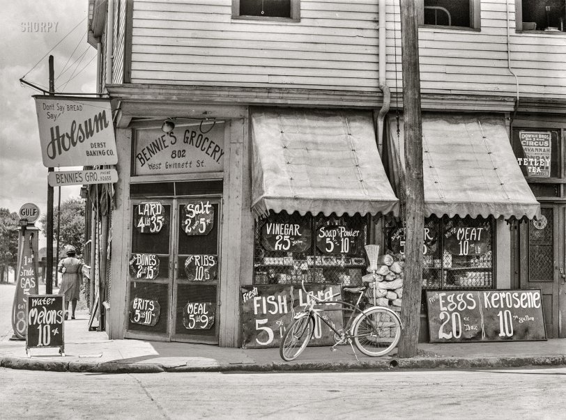 June 1939. Savannah, Georgia. "Negro grocery store." Last seen here. Medium format acetate negative by Marion Post Wolcott for the Farm Security Administration. View full size.
