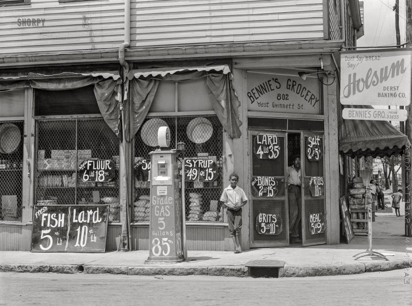 June 1939. "Negro grocery store. Sylvania Savannah, Georgia." Medium format acetate negative by Marion Post Wolcott for the Farm Security Administration. View full size.
