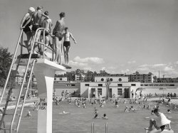June 1939. "Community swimming pool at Greenbelt, Maryland." Medium format acetate negative by Marion Post Wolcott for the Farm Security Administration. View full size.