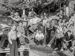 September 1939. Ducktown, Tennessee. "Copper miners on strike waiting for scabs to come out of mines." Acetate negative by Marion Post Wolcott. View full size.