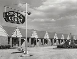 October 1939. "Tourist court in Clarksdale, Mississippi Delta. Everything is named 'cotton boll' in the Delta." Medium format acetate negative by Marion Post Wolcott. View full size.