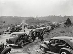 November 1939. Durham County, North Carolina. "Cars parked along the highways on day of Duke-Carolina football game, near Duke University Stadium." Medium format negative by Marion Post Wolcott. View full size.