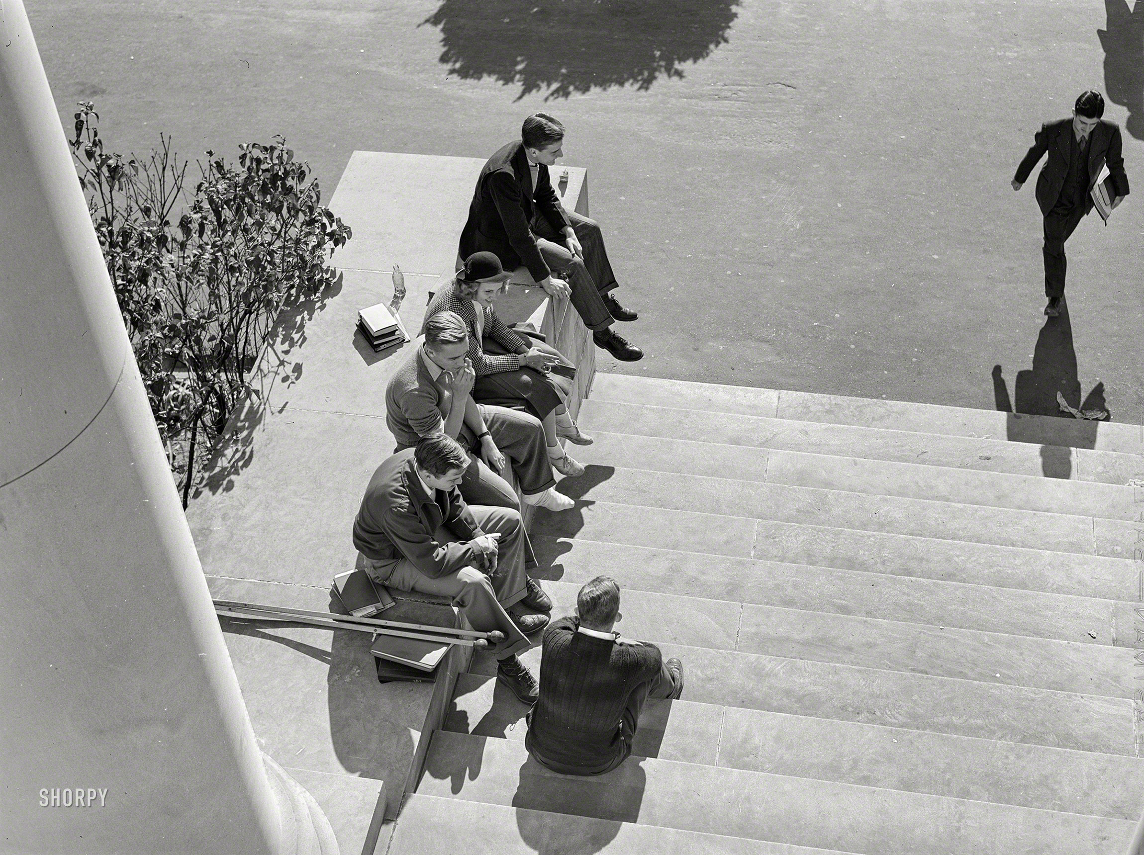 September 1939. "Students on steps of building between classes. University of North Carolina, Chapel Hill, Orange County." Medium format negative by Marion Post Wolcott for the Farm Security Administration. View full size.