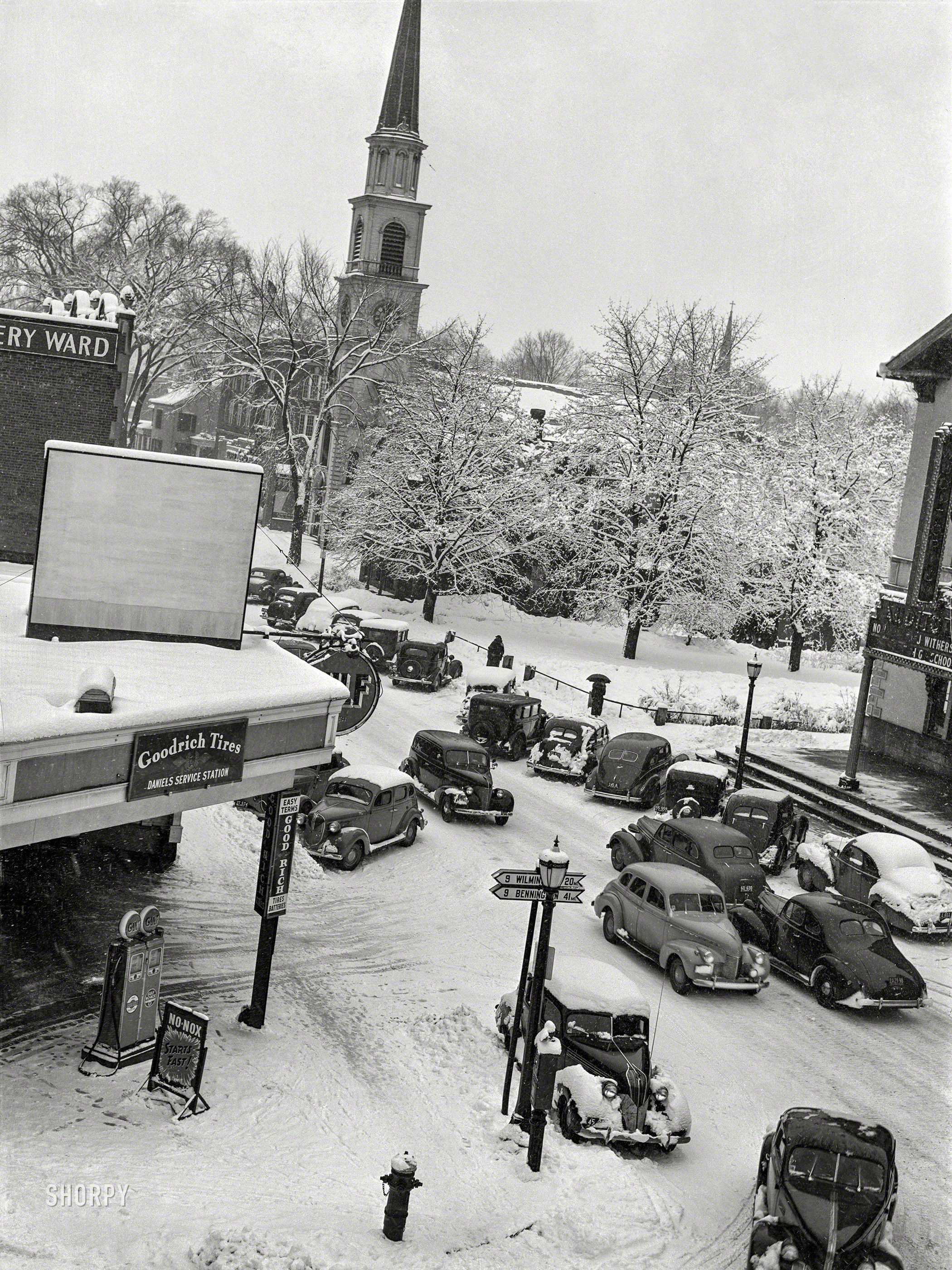 March 1940. Brattleboro, Vermont. "Corner of Main Street, center of town after blizzard." Acetate negative by Marion Post Wolcott for the Farm Security Administration. View full size.