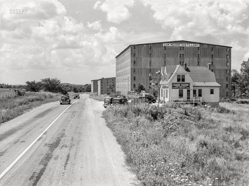 August 1940. "Tom Moore distillery near Bardstown, Kentucky." Medium format acetate negative by Marion Post Wolcott for the Farm Security Administration. View full size.
