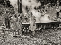 September 1940. "In the early fall during 'syruping off' time, many of the children stay home from school to eat the freshly boiled-down sorghum cane syrup. The cook usually goes to the various farms in the neighborhood and for his work takes a share of the syrup. On the highway between Jackson and Campton, Kentucky." Photo by Marion Post Wolcott. View full size.