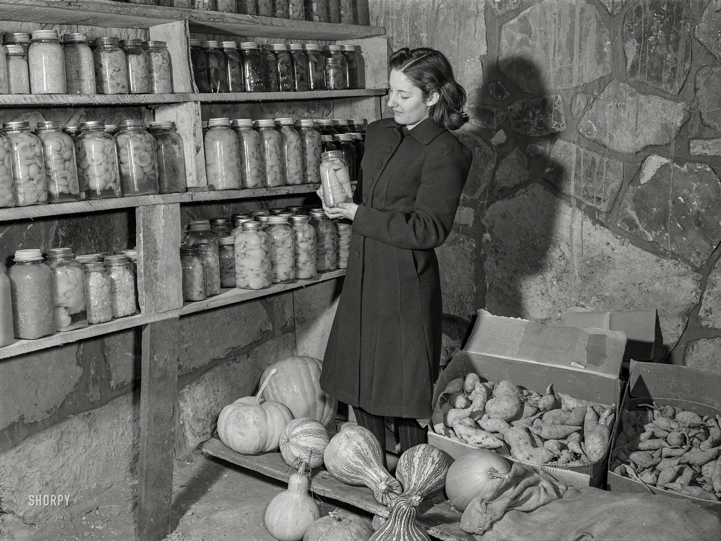 November 1940. "S.H. Castle's vegetables and canned goods [more here] raised on his farm in his new storage house. Southern Appalachian Project near Barbourville, Knox County, Kentucky." Photo by Marion Post Wolcott for the Farm Security Administration. View full size.