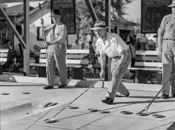 January 1941. "Guests at Sarasota, Fla., trailer park playing shuffleboard." Medium format acetate negative by Marion Post Wolcott for the Farm Security Administration. View full size.