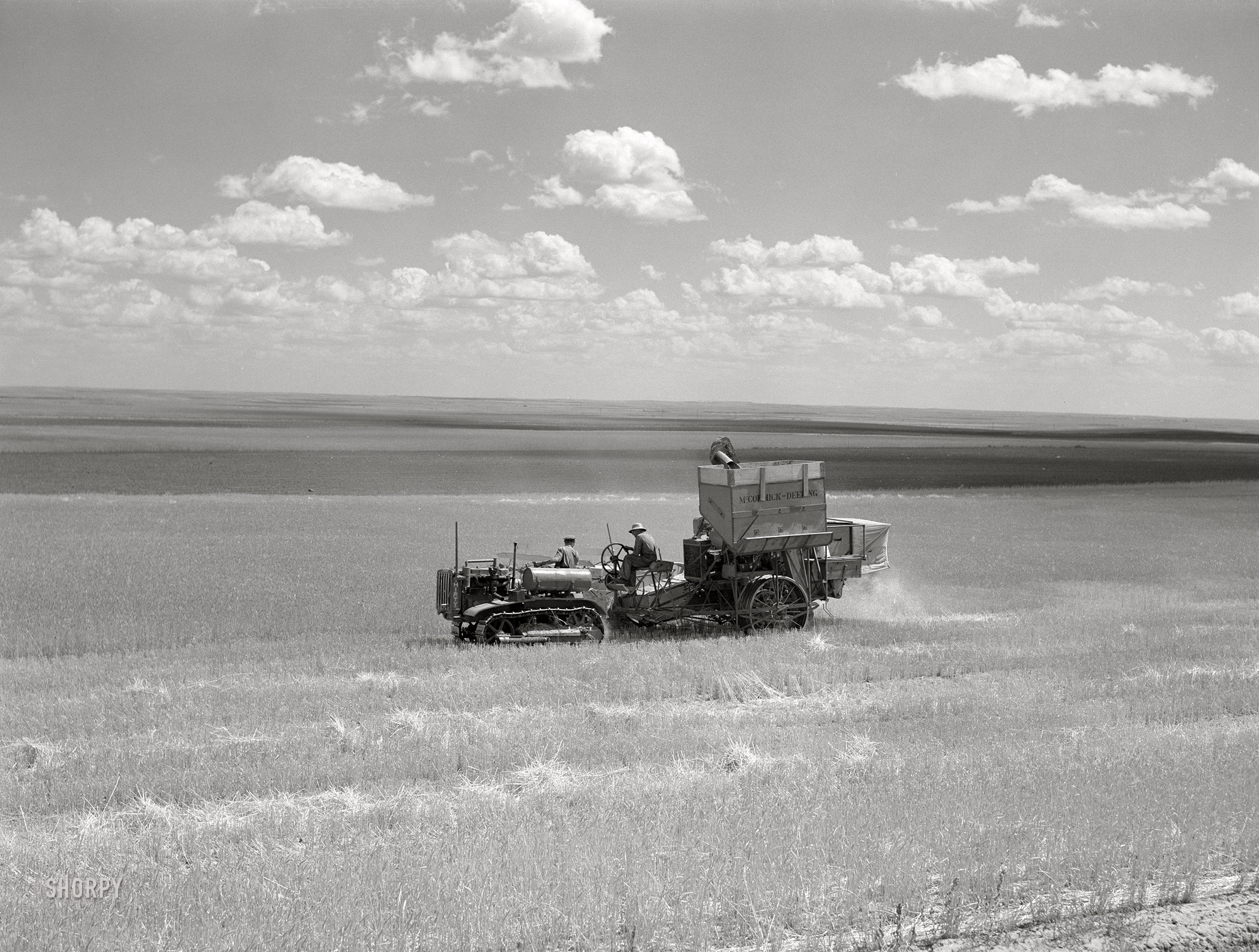 August 1941. "Harvesting wheat with combines on Schnitzler Corporation ranch at Froid, Montana. There are about 2,800 acres on this part of the ranch and they are getting over forty bushels to the acre. It is one of the largest wheat ranches in the West." Medium format acetate negative by Marion Post Wolcott for the Farm Security Administration. View full size.