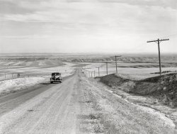 August 1941. "Highway near Havre, Montana." Medium format acetate negative by Marion Post Wolcott for the Farm Security Administration. View full size.