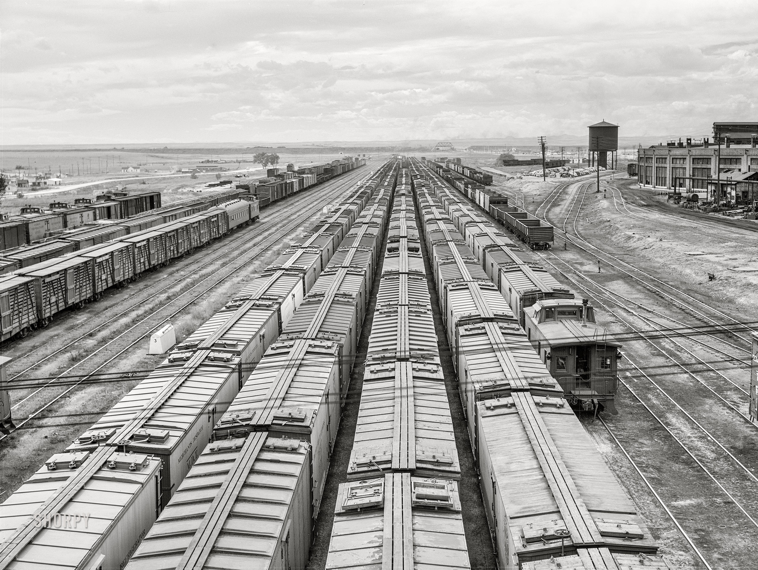 September 1941. "Freight trains in yards. Laramie, Wyoming." Medium format acetate negative by Marion Post Wolcott for the Farm Security Administration. View full size.