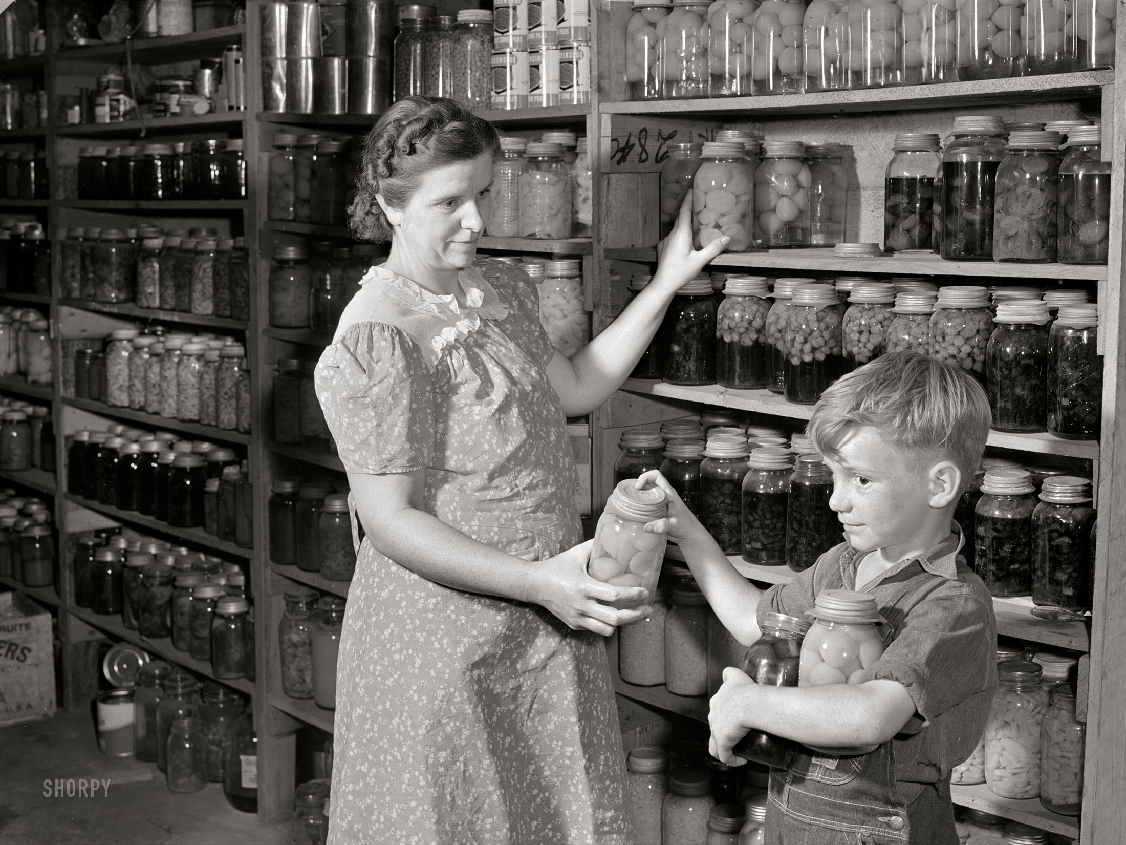 September 1941. "Mrs. Harvey Renninger and son in her home with canned goods. Two River Non-Stock Cooperative, FSA co-op. Waterloo, Nebraska." Medium format acetate negative by Marion Post Wolcott for the Farm Security Administration. View full size.