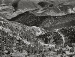 September 1941. "Road through the mountains from Idaho Springs to Central City, Colorado." Photo by Marion Post Wolcott for the Farm Security Administration. View full size.
